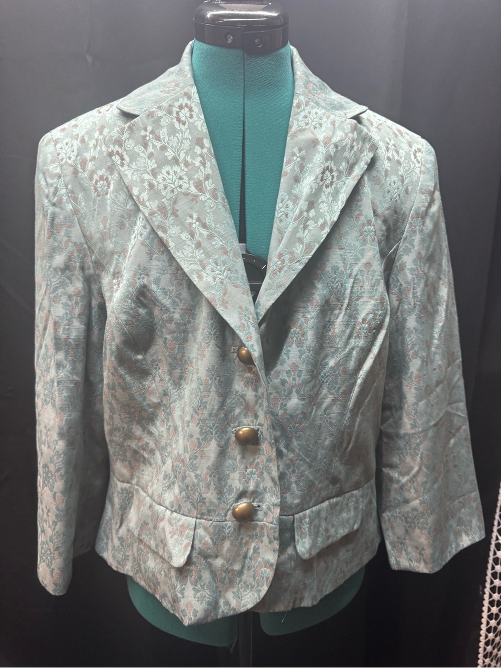 Teal Floral Jacquard Notch-Lapel Blazer